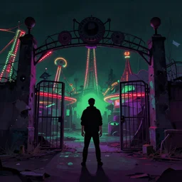 dark digital illustration still of a man standing in front of the gates of a rundown abandoned radio active amusement park, amusement park rides in the background, digital art, by alex pardee, neon green red and purple color scheme,