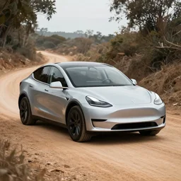 tesla on a dirt road