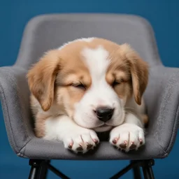 a hight quality, photorealistic image of a puppy sleeping in a chair, in a blue background, 8 k