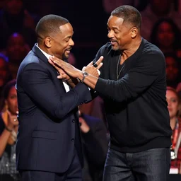 Will Smith getting slapped by Chris Rock on a stage, 80mm, dslr photo