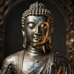 a close - up portrait of a cyberpunk cybernetic metal buddhist monk statue. art photography by annie leibovitz, shadowrun