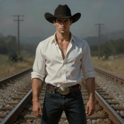 a dramatic ethereal epic symmetrical painting of a handsome!! villainous cowboy standing in front of railroad tracks | his shirt is unbuttoned and he has a pocketwatch | tarot card, art deco, art nouveau, steampunk, homoerotic, realistic | by louis comfort tiffany and alphonse mucha | trending on artstation
