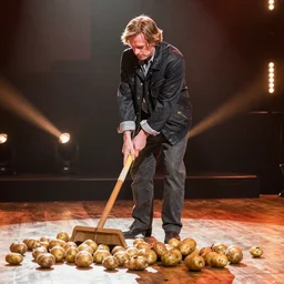 photo still of peter dinklage sweeping a floor of potatos, 8 k, live concert lighting, mid shot