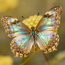 high quality close-up photo rococo pearlescent butterfly! jewelled gorgeous! highly detailed david ligare elson peter cinematic yellow neon lighting high quality low angle hd 8k sharp shallow depth of field