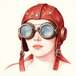 woman wearing old leather aviator helmet and steampunk googles, drawn by dave mckean, red tones, detailed drawing, flat colors