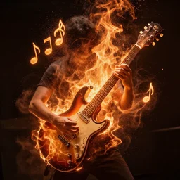 guitar with fire magical dust as musical notes storm around, volumetric dust, cinematic lighting, photography artstation