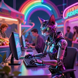cyberpunk goth humanoid cat cyborg working on cyberpunk computer in cyberpunk farmers market by william barlowe and pascal blanche and tom bagshaw and elsa beskow and enki bilal and franklin booth, neon rainbow vivid colors smooth, liquid, curves, very fine high detail 3 5 mm lens photo 8 k resolution