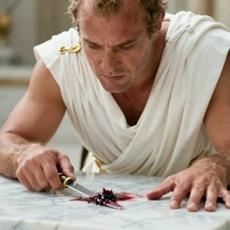 1 9 6 0 s movie still close - up of caligula in white toga bleeding knife wounded on marble stairs, cinestill 8 0 0 t 3 5 mm, high quality, heavy grain, high detail, dramatic light, anamorphic, detailed beard