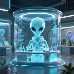 alien shop, futuristic, holographic, 8k, sharp focus,