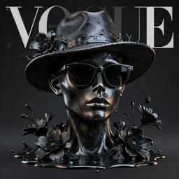 a head made out of melting metal, dark palette, it is wearing sunglasses and a hat, there are flowers all around it, black paint melting, vogue cover style, demonic style, smooth fractal style, ethereal fantasy style, 3 d perfect render style, horror style