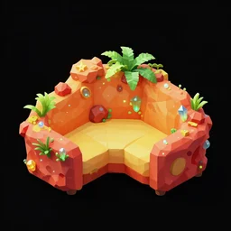 black background with an isometric red orange yellow sofa with an unusual organic design based on alien bioluminescent nature aesthetic, it has plants growing onto it and is made out of rocks and glowy crystals in a hyper - detailed design, the sofa is an asset for a mobile game. low poly full black background, behance isometric masterpiece