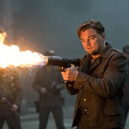 leonardo dicaprio using a flamethrower on the nazis, movie still, cinematic, lens flare, directed by quentin tarantino