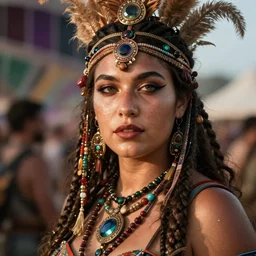 hyper realistic photography portrait of coachella burningman pagan medieval tribal festival warrior curvy partygirl face cinematic, greg rutkowski