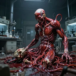 a blood - oozing amorphous red blob composed of muscle, bones, and writhing tendrils made of muscles and tendons absorbing a partially - melted animal in a dark derelict lab with broken glassware, cinematic 8 k hdr