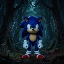 sonic in a creepy pitch dark forest at midnight, dark, scary, 8k, creepy, hdr, rtx, creepy pasta n- 5