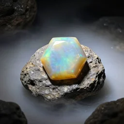 An opal gem shaped like a hexagon on a rock in a cave, studio lighting, dramatic photo, artificial fog
