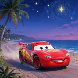 Lightning McQueen driving a long the beach at twilight, tropical palms, a highly detailed painting by Greg Rutkowksi, starry night, holiday feel