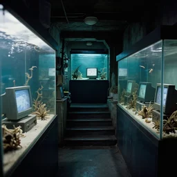 spooky creepy liminal space, display case, aquatic exhibition science museum, dried aquarium, computer screens, backroom stairs going down under water, photo taken on 1 9 8 0 s fujifilm superia