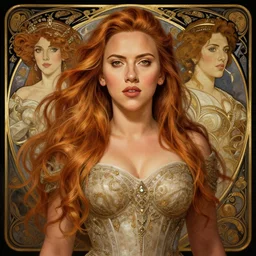 portrait of scarlett johansson, long  hair, fantasy, elegant, intricate, full frontal shot, highly detailed, digital painting, artstation, concept art, sharp focus, illustration, art by artgerm and greg rutkowski and alphonse mucha