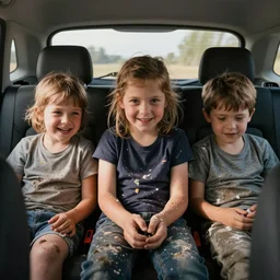 the kids on the back seat making a fudging mess