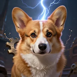 portrait of corgi! as zeus the god of thunder, league of legends amazing splashscreen artwork, gears of war, splash art, natural light, elegant, photorealistic facial features, intricate, fantasy, detailed face, atmospheric lighting, anamorphic lens flare, cinematic lighting, league of legends splash art, hd wallpaper, ultra high details by greg rutkowski