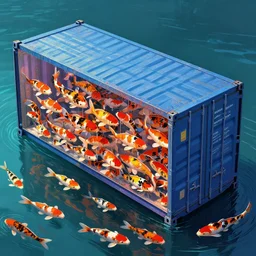 1 9 7 9 edition of shipping container full of koi. art in the style of vincent di fate's cyberpunk 2 0 2 0.