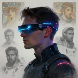sillouete future coder man, sleek cyclops display over eyes and glowing headset, neon accents, holographic colors, desaturated headshot portrait digital painting by john berkey, rhads, dean cornwall, alphonse mucha, donato giancola, alex grey, tom whalen, astronaut cyberpunk electric lights profile