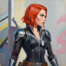 greg manchess portrait painting of armored natasha romanova aka black widow as overwatch character, medium shot, asymmetrical, profile picture, organic painting, sunny day, matte painting, bold shapes, hard edges, street art, trending on artstation, by huang guangjian and gil elvgren and sachin teng
