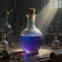 a steampunk painting of a vintage science blue purply potion bottle, lit by a single ray of sunlight in a dark dusty vintage science lab, by h. r. giger, hyperrealistic fantasy art, concept matte, ethereal, dreamy, digital art, trending on artstation, volumetric cinematic lighting