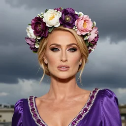 photo portrait fine art photo of the beauty paris hilton, she has a crown of stunning flowers and dress of purple satin and gemstones, real eyes photo, background full of stormy clouds, by peter mohrbacher