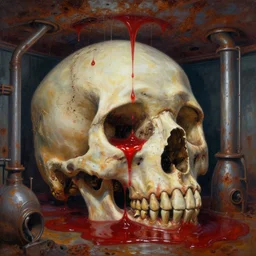oil masterpiece of moonshine refinery for blood, inside giant's skull with primordial ooze and rust ceiling, by bernie wrightson