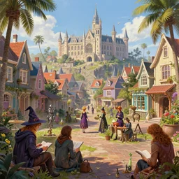 full shot of people studying in a colorful coastal magical town inhabited by witches and knights, a grand university of magic and technology visible in the distance, sunny weather, inspired by victorian england and amsterdam, palm trees, highly detailed, intricate, digital painting, trending on artstation, concept art, matte painting, art by greg rutkwowski, craig mullins, octane render, 8 k, unreal engine