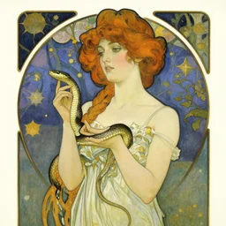 an art nouveau copic maker portrait of a woman holding a snake in the night by john berkey by edward hopper, alphonse mucha, loish, norman rockwell