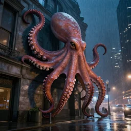 giant monster octopus crawling on a building on a street, city at night, rainy, detailed photograph, volumetric lighting, strobist flash, 4 k, hd, realistic, photoreal, unreal engine, by, anne leivobitz