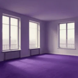 interior of an apartment with purple carpeting and large windows, matte painting by sylvain surrailh, greg rutkowski, artstation