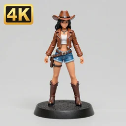 80mm resin detailed miniature of a cow girl, Short brown leather jacket, denim hot-pants, thigh skin, ten-gallon hat, on textured disc base; Miniature product Introduction Photos, 4K, Full body