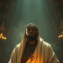 holy saint kanye west in skyrim, morrowind, jesus, splash art, movie still, cinematic lighting, dramatic, octane render, long lens, shallow depth of field, bokeh, anamorphic lens flare, 8 k, hyper detailed, 3 5 mm film grain