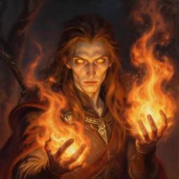 pyromancer, fire magician, thin face, golden eyes, painting by sabbas apterus