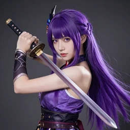 beautiful female warrior with long purple hair and wielding katana wearing diadem