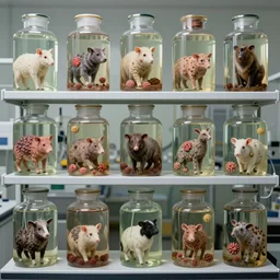 kunstkamera shelf with mutated mammals in formalin with many small tumours in laboratory. many details. emil melmoth, etsuko miura, francesco albano concept art