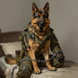 a wounded humanoid german shepherd beast - man in military style, his hands are covered with chains, sitting on the bed, highly detailed portrait, digital painting, artstation, concept art, smooth, sharp foccus ilustration, artstation