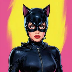 riso print of cat woman, vibrant colors