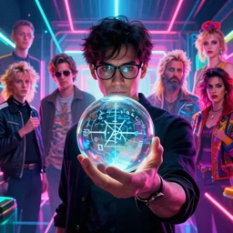 a man wearing glasses holds up a crystal ball with mathematical symbols, synthwave, bright neon colors, highly detailed, cinematic, panoramic, tim white, michael whelan, roger dean, bob eggleton, lisa frank, vladimir kush, kubrick, kimura, isono