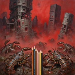 fine art oil painting pencils correctly spaced, varied muck jeweled, filthy rugated armored crustaceans clawing & terrified as massive brutalist structures, claustrophobic cilia sporing pox, final battle failure, red mustard gas fog, by alex nino by francesco blanc, geof darrow, bisley, b wolverton, jack gaughan high resolution, hyper