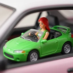 a red haired woman driving a Jada toys mitsubishi eclipse green diecast car, high resolution macro photo, viewed through the cars window