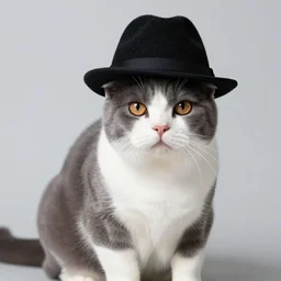 photography of a cat with gray back and legs, white muzzle and underside with a black fedora on its head, photorealistic, 4 k, ultra detailed, hd