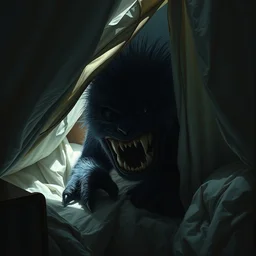 under the bed a big monster hides, scary, furry, big eyes, sharp teeth, dark, dramatic lighting, pixar bedroom scene, cinematic, highly detailed, highly realistic painting by willem claesz heda and artgerm and greg rutkowski and wlop and beeple