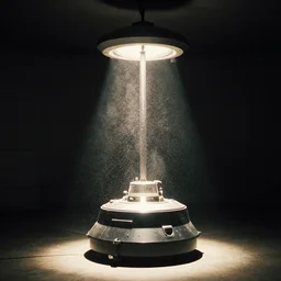 teleportation machine in a dimly lit room, light shining from the machine and illuminating the dust particles in the air by goro fujita