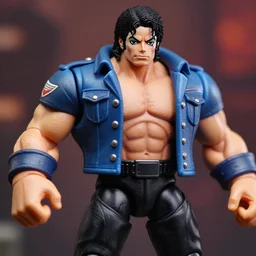 michael jackson oversized muscular hulked powerlifter by neca!!! pretty! beautiful! action pose shirtless muscular black pants blue military jacket very detailed realistic action figure by neca!!. macro face very close!! shot face shot head shot. in the style of tekken 5, character from mortal kombat, film still, bokehs