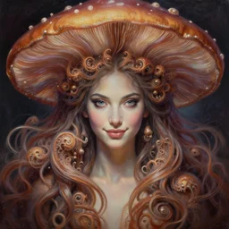 perfectly centered portrait, beautiful fractal mushroom goddess, female, flowing hair, intense stare, sweet smile, symmetrical, concept art, intricate detail, volumetric shadows and lighting, realistic oil painting by alex grey